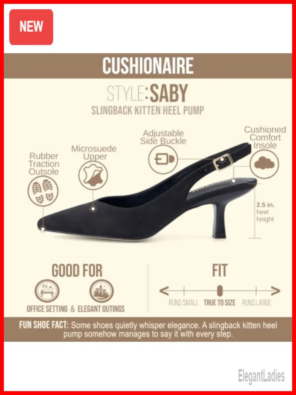 CUSHIONAIRE Saby Slingback Kitten Heels Pointed Toe Adjustable Ankle Strap